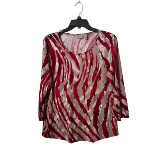 Easywear by Chico's Women's Blouse Sz 1 Red Beige Relaxed Long Sleeve‎ Medium